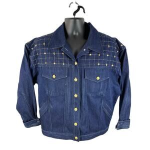 Vintage Erez Levy Studded Denim Button Up Jacket Size Medium Western Boho
